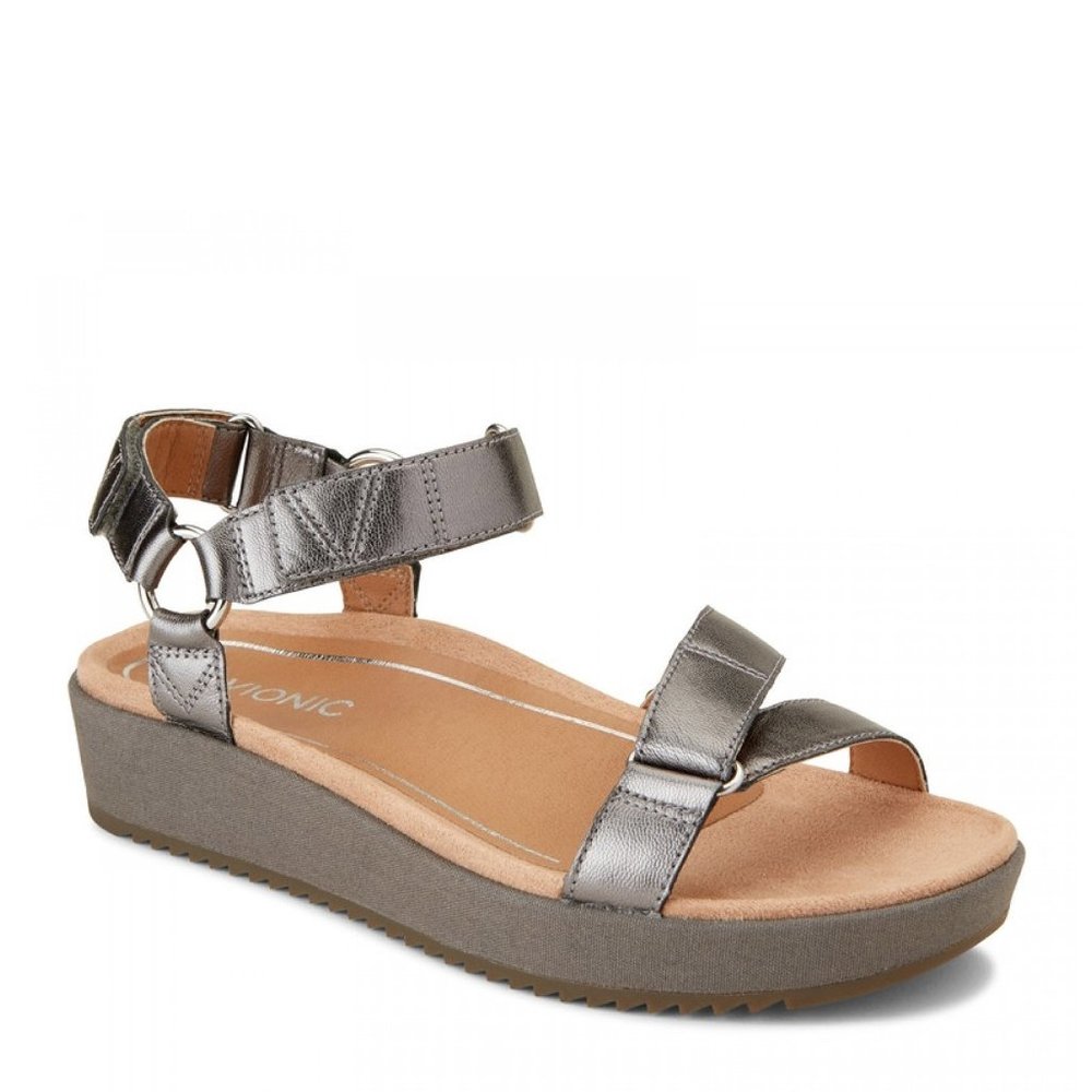 Vionic Adjustable Ankle Strap Kayan Sandal Wedges - Pewter